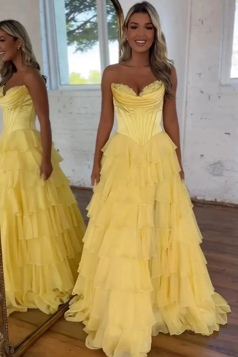 A Line Blue Sweetheart Chiffon Ruffled Long Corset Prom Dress with Slit - KAIDRESS