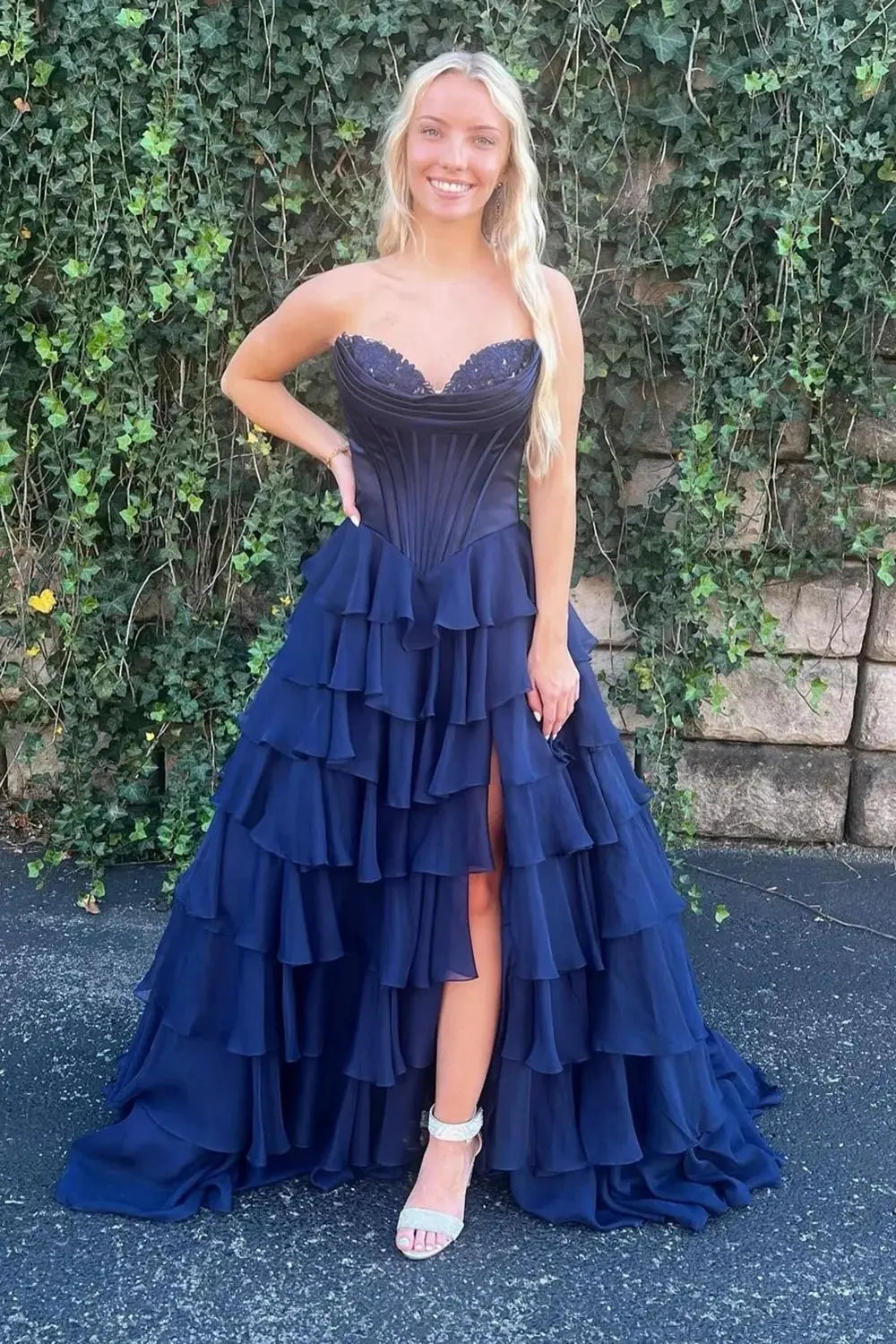A Line Blue Sweetheart Chiffon Ruffled Long Corset Prom Dress with Slit - KAIDRESS