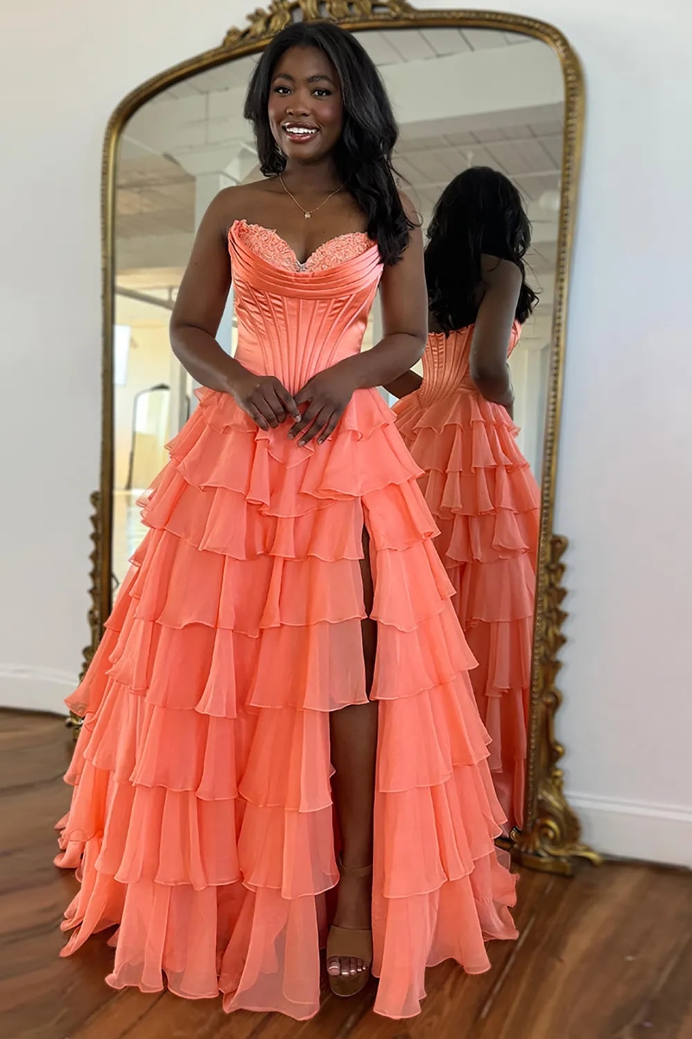 A Line Blue Sweetheart Chiffon Ruffled Long Corset Prom Dress with Slit