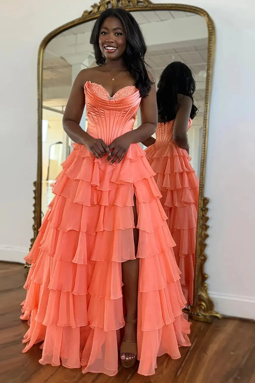 A Line Blue Sweetheart Chiffon Ruffled Long Corset Prom Dress with Slit - KAIDRESS