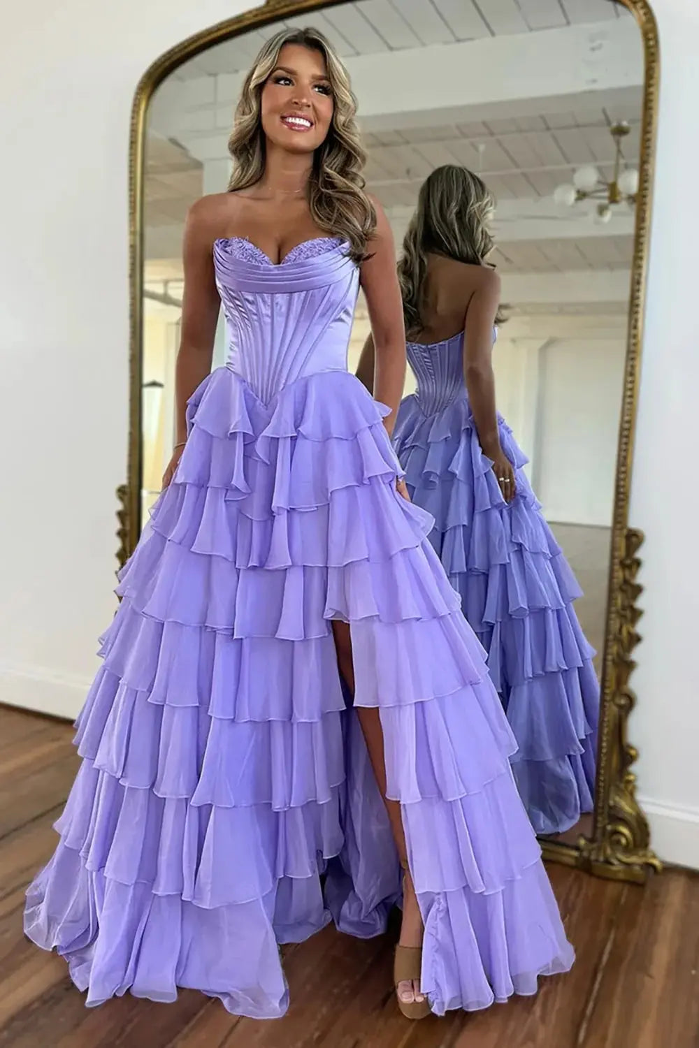 A Line Blue Sweetheart Chiffon Ruffled Long Corset Prom Dress with Slit - KAIDRESS