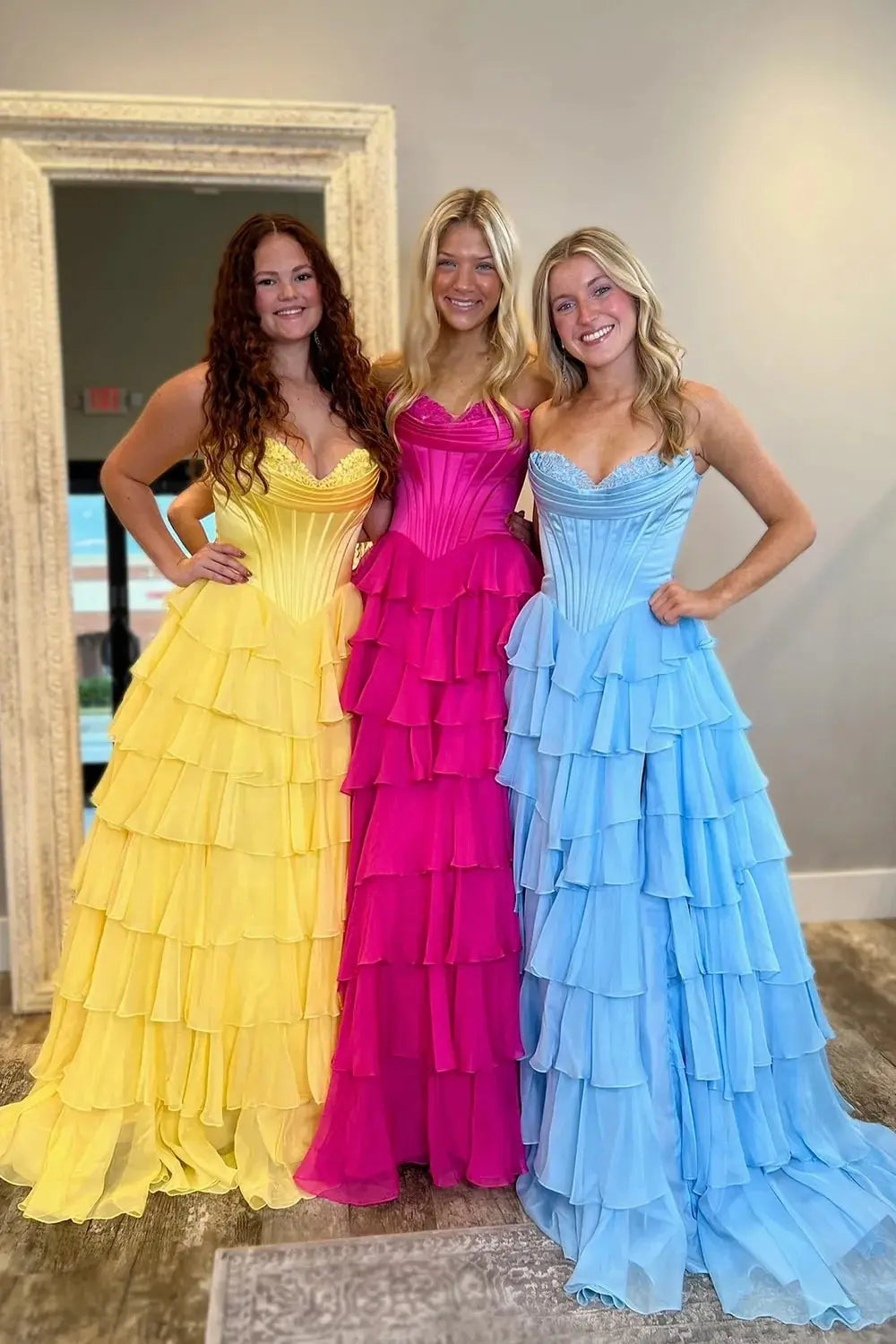 A Line Blue Sweetheart Chiffon Ruffled Long Corset Prom Dress with Slit - KAIDRESS