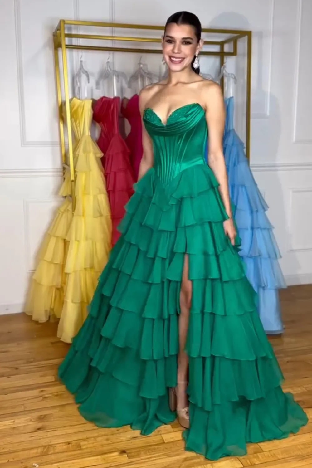 A Line Blue Sweetheart Chiffon Ruffled Long Corset Prom Dress with Slit