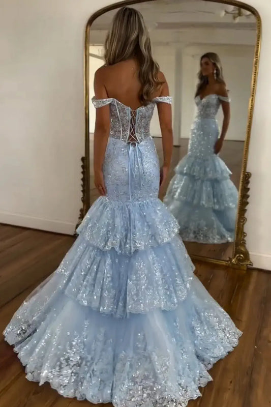 Light Blue Mermaid Off the Shoulder Tulle Tiered Long Corset Prom Dress with Sequins - KAIDRESS