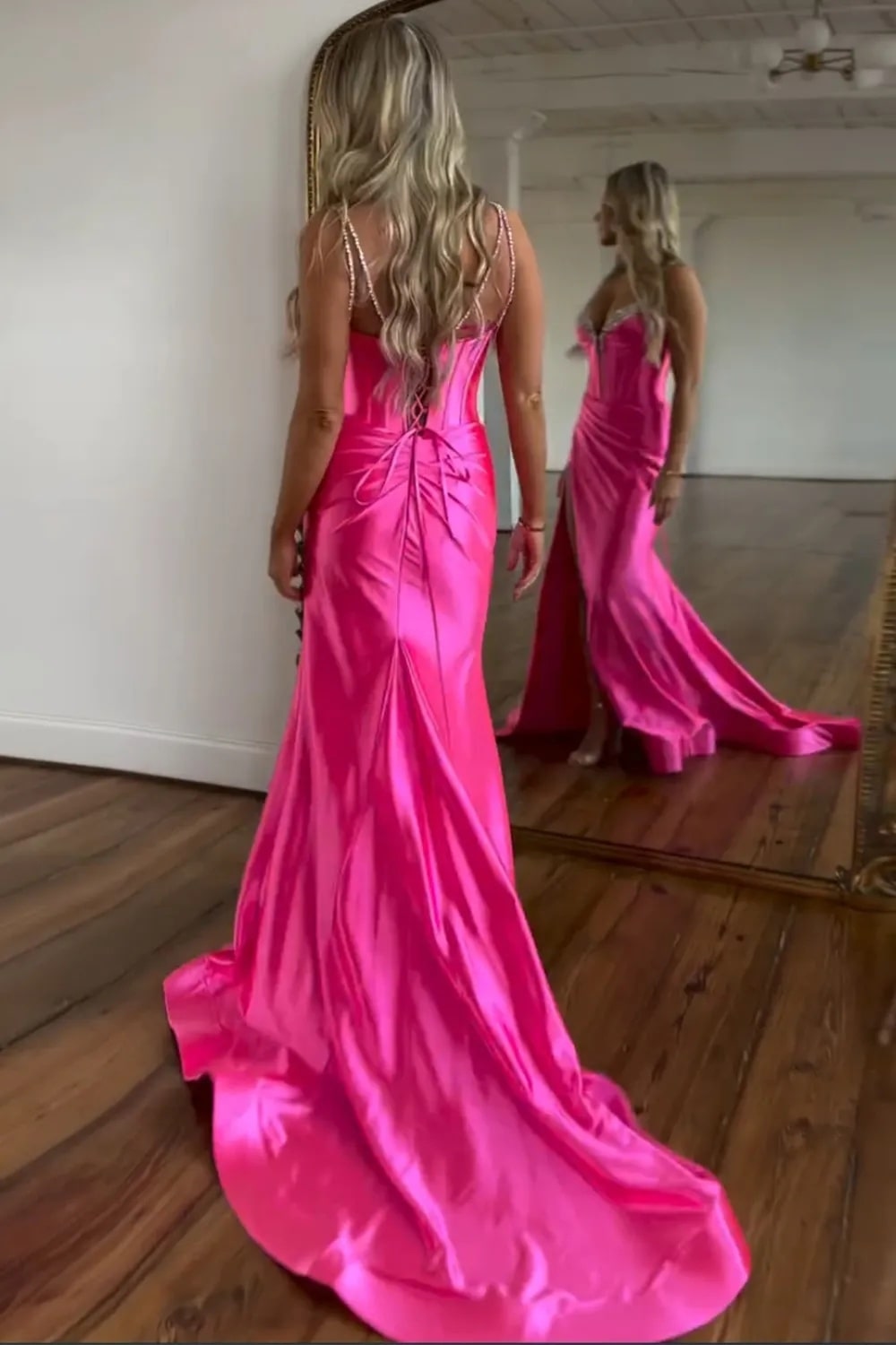 Mermaid Fuchsia Spaghetti Straps Satin Long Corset Prom Dress with Beading