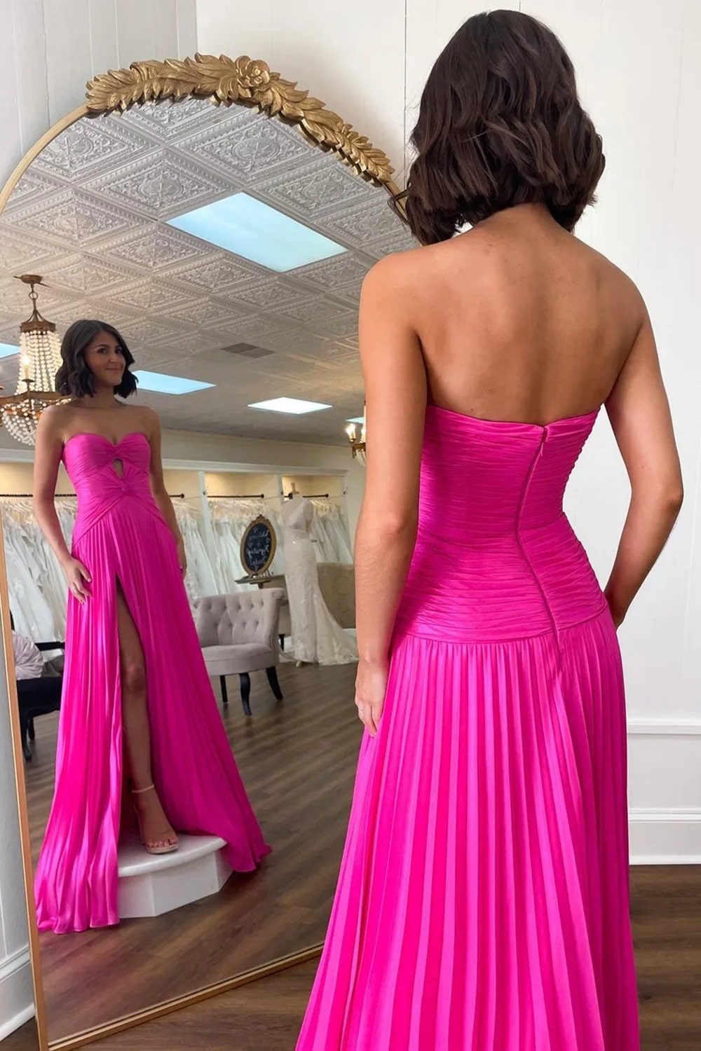 A Line Green Strapless Sweetheart Keyhole Long Pleated Prom Dress with Slit