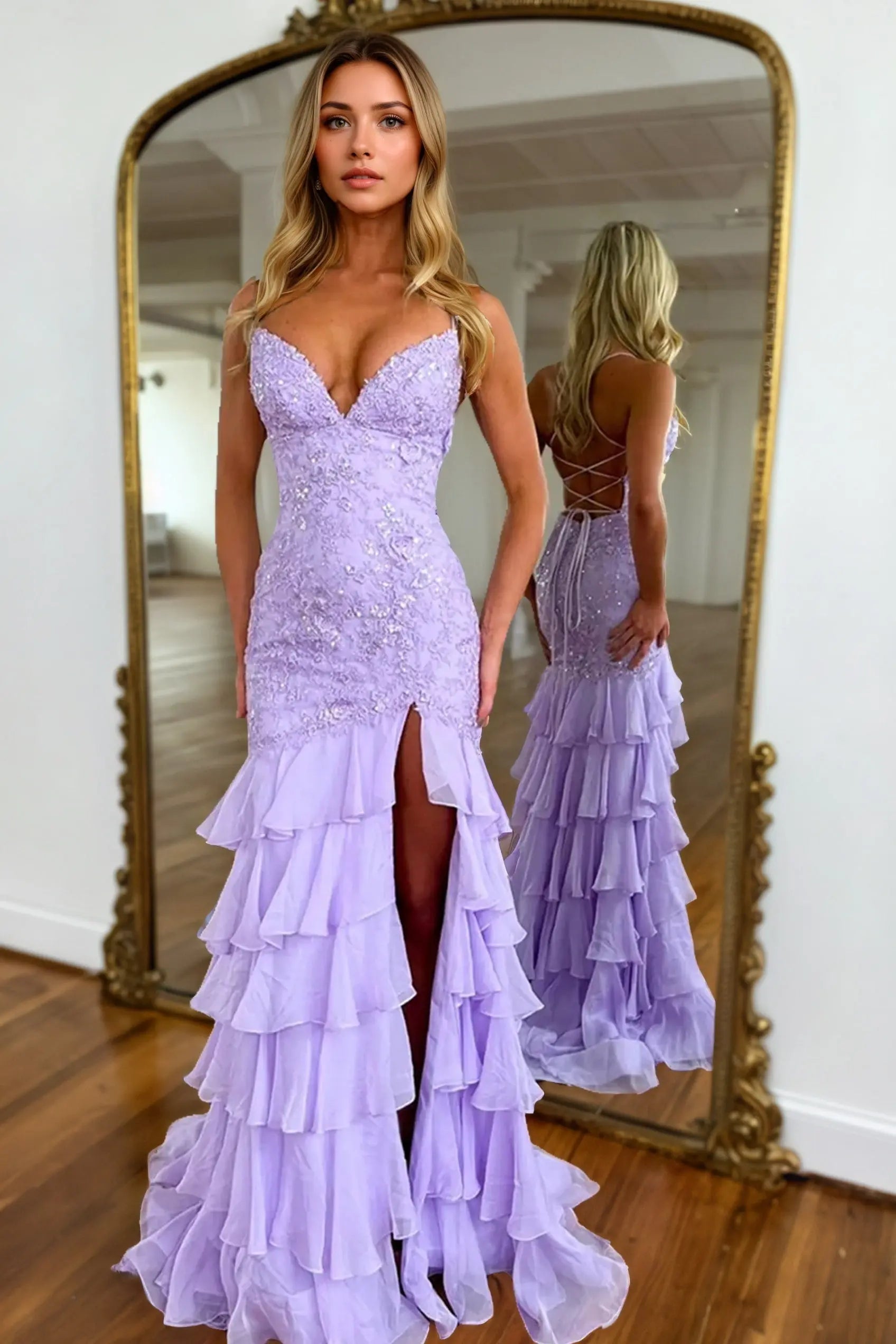 Mermaid Sparkly Lilac Lace Appliques Sheath Tiered Long Chiffon Prom Dress with Slit - KAIDRESS