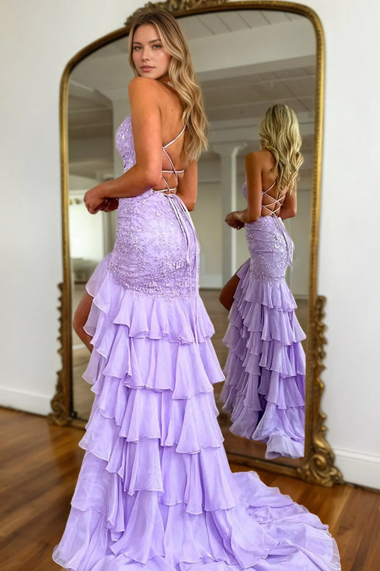 Mermaid Sparkly Lilac Lace Appliques Sheath Tiered Long Chiffon Prom Dress with Slit - KAIDRESS