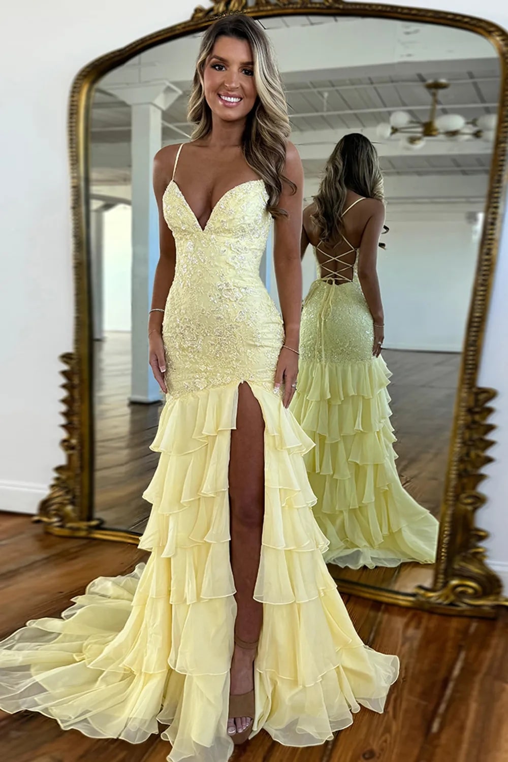 Mermaid Sparkly Lilac Lace Appliques Sheath Tiered Long Chiffon Prom Dress with Slit