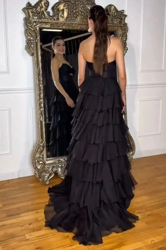 A-Line Black Sweetheart Chiffon Tiered Long Prom Dress with Slit - KAIDRESS