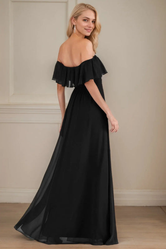 A-Line/Princess Chiffon Ruffles Off-the-Shoulder Short Sleeves Floor-Length Bridesmaid Dresses - KAIDRESS
