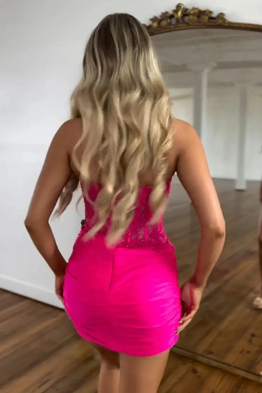 Fuchsia Sweetheart Tight Corset Homecoming Dress with Beading - KAIDRESS
