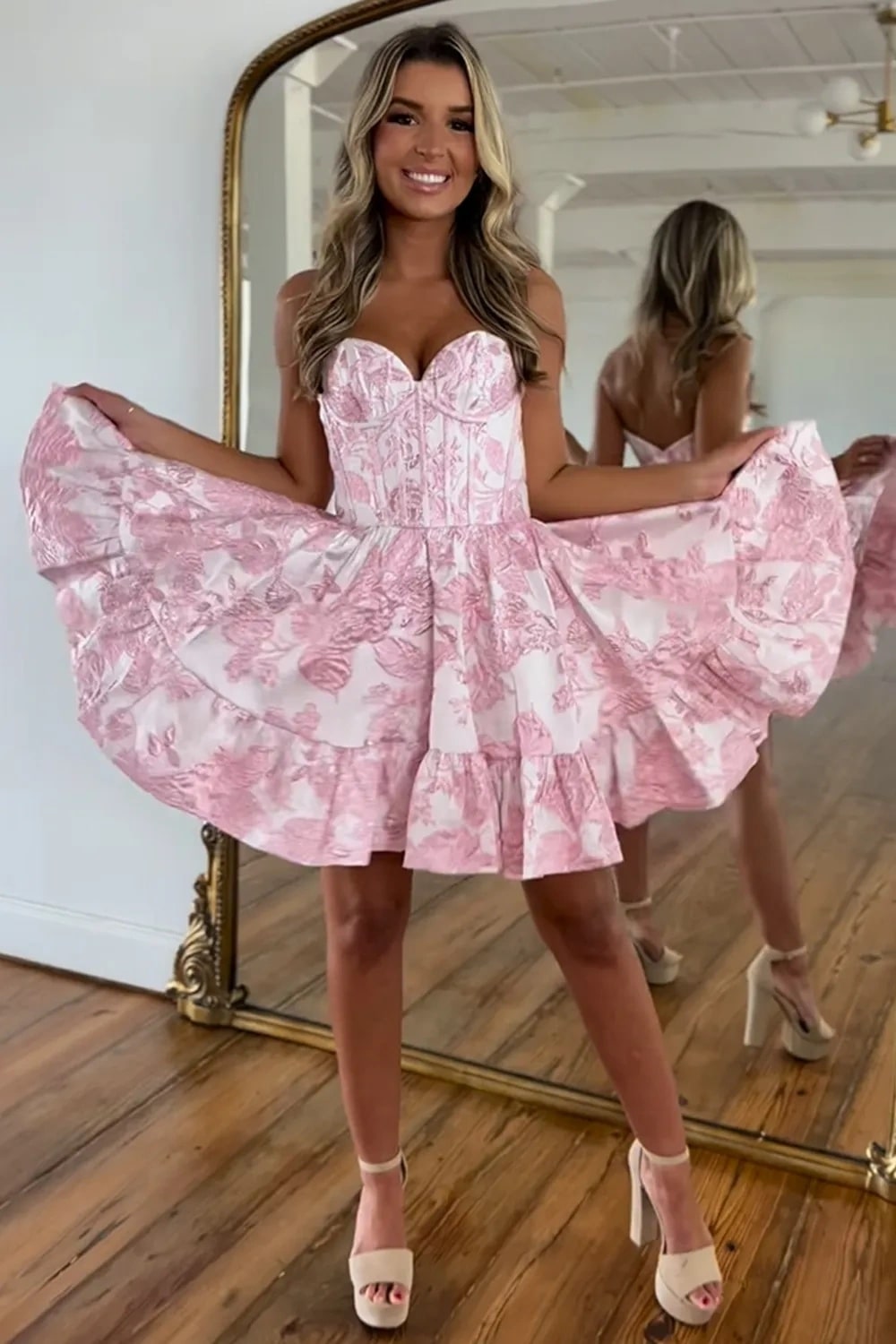 A Line Blue Strapless Floral Printed Corset Short Homecoming Dress with Ruffles