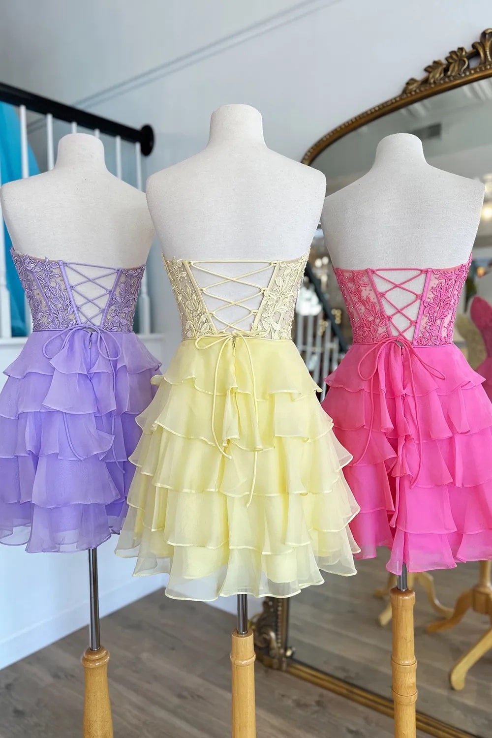 A Line Lilac Strapless Tiered Corset Short Homecoming Dress with Appliques