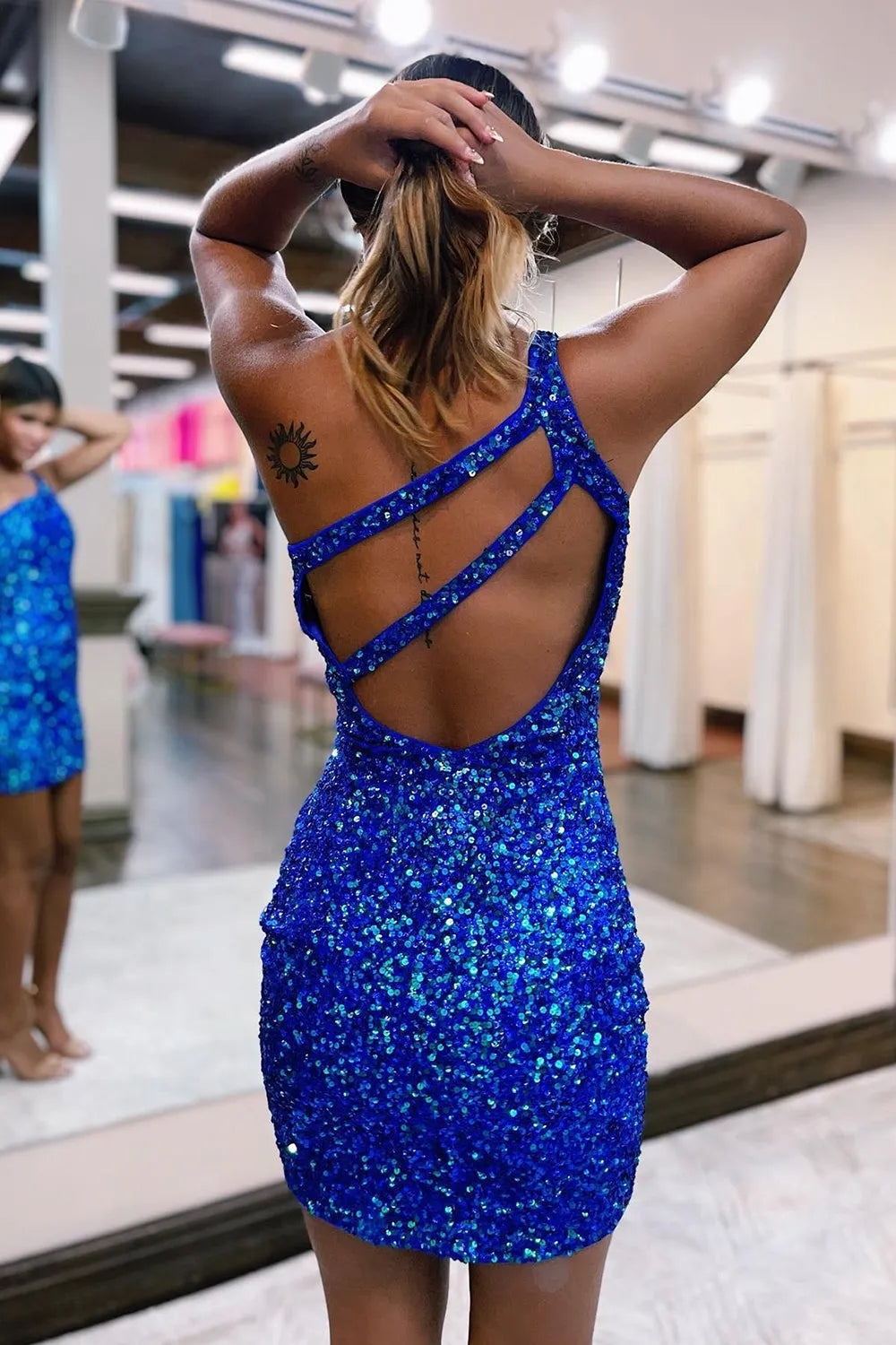 Sparkly Bodycon One Shoulder Dark Purple Sequins Short Homecoming Dress with Keyhole