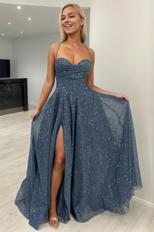 A-line Sparkly Tulle Long Prom Dresses with Slit Formal Glitter Evening Gowns - KAIDRESS