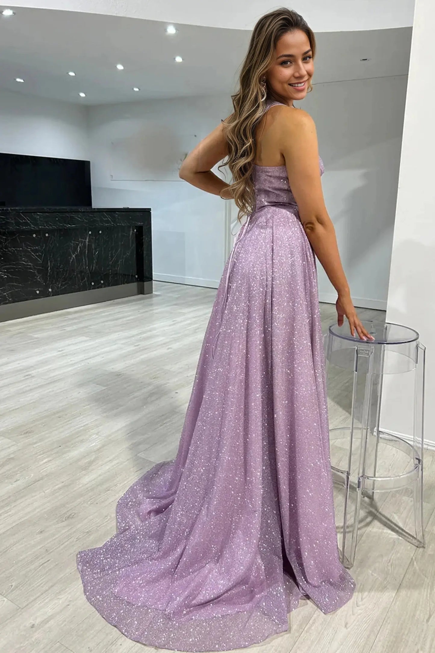 A-line Sparkly Tulle Long Prom Dresses with Slit Formal Glitter Evening Gowns - KAIDRESS