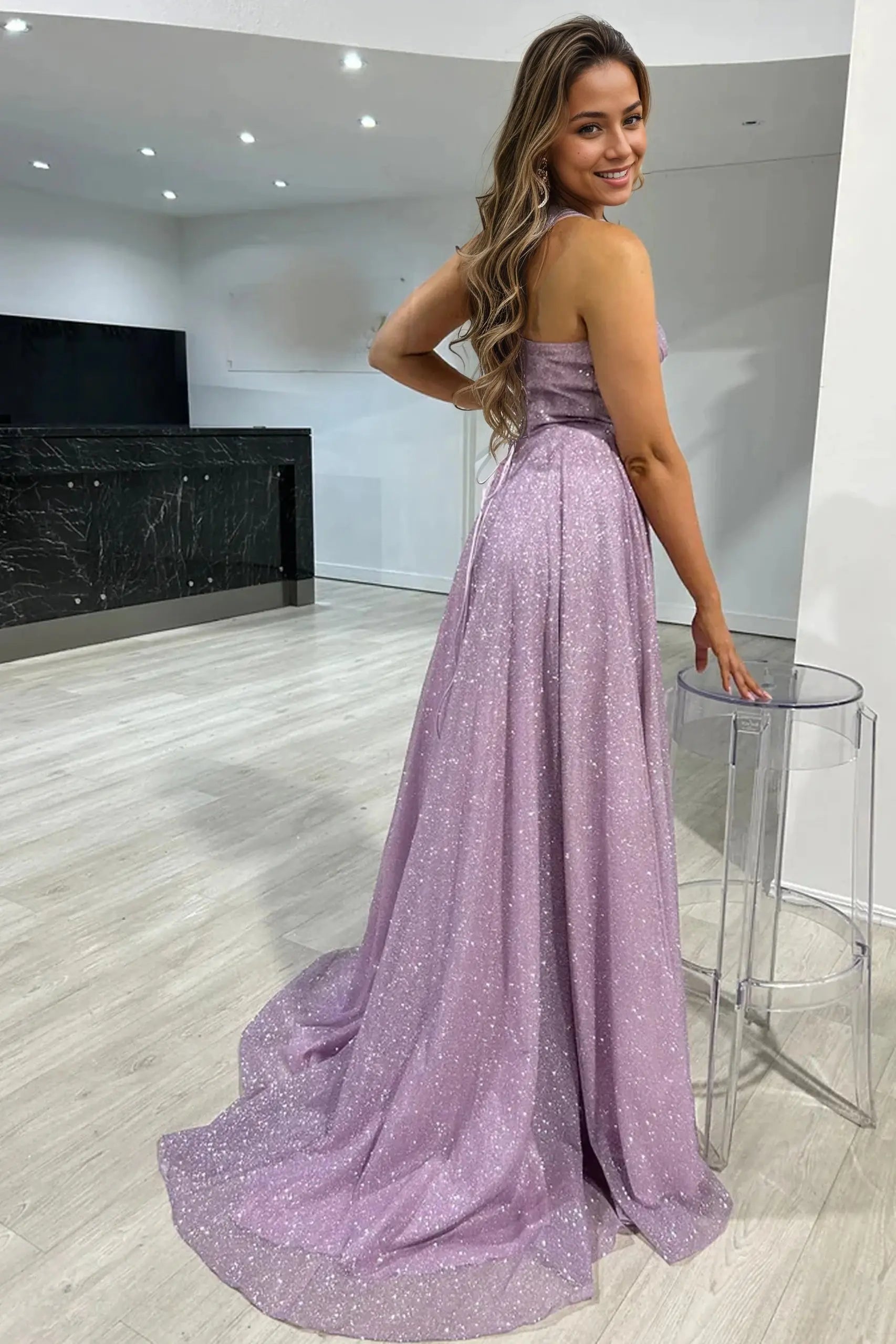 A-line Sparkly Tulle Long Prom Dresses with Slit Formal Glitter Evening Gowns - KAIDRESS