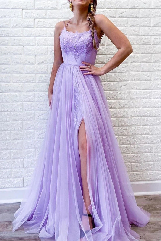 Spaghetti Straps Lavender A-Line Tulle Appliques Long Prom Dresses with Slit
