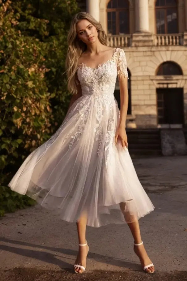 Kaidress 2026 Lace A-Line Short Sleeve Tea-Length Wedding Dress Custom