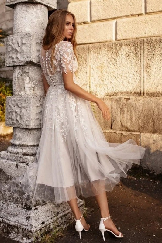 Kaidress 2026 Lace A-Line Short Sleeve Tea-Length Wedding Dress Custom