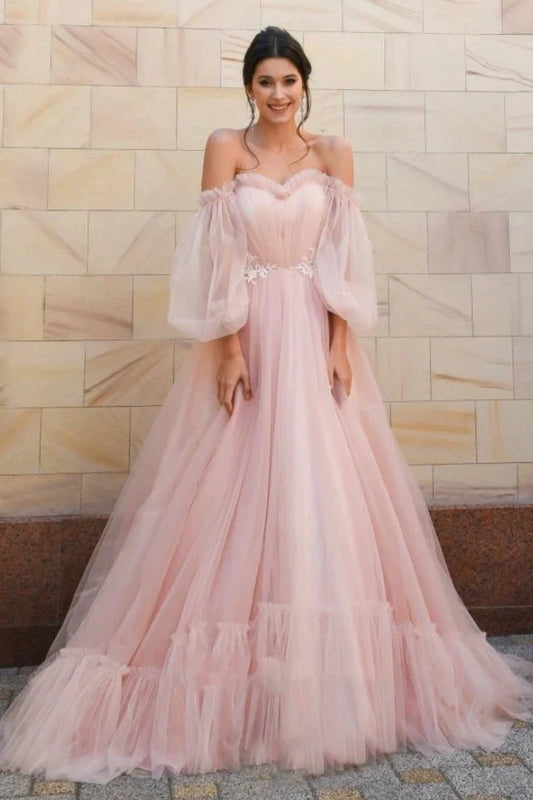 Kaidress 2026 Off-Shoulder Pink A-Line Long Sleeve Wedding Dress Custom