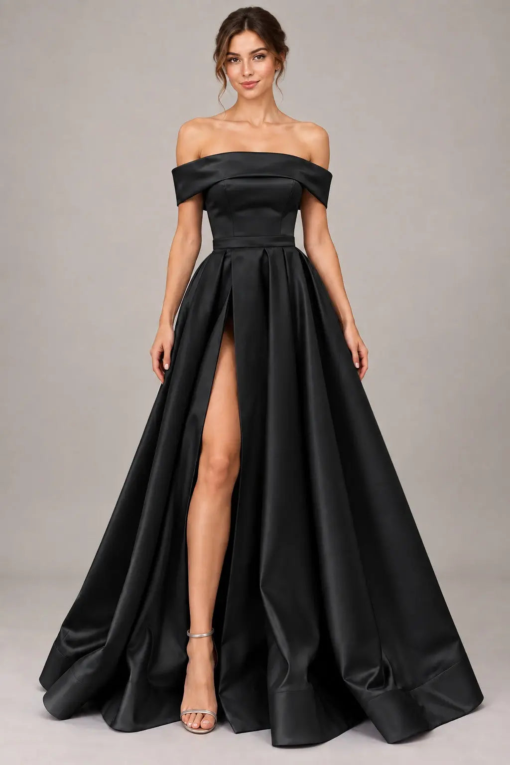 A-line Off-the-Shoulder Sleeveless Long/Floor-Length Satin Prom Dresses With Split