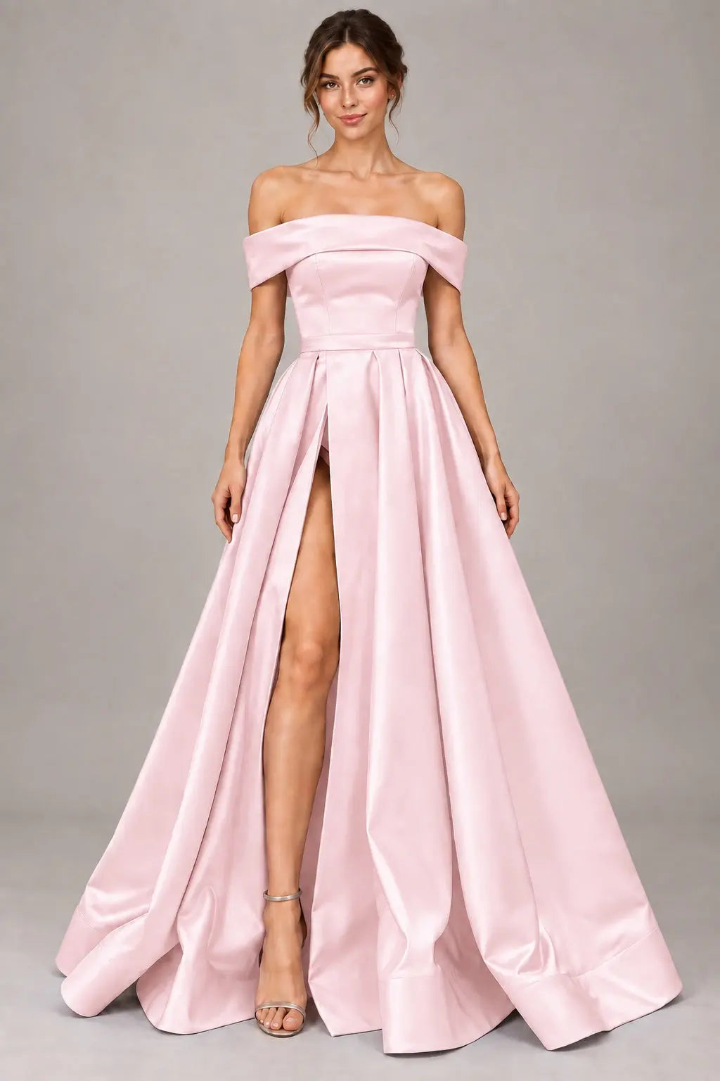A-line Off-the-Shoulder Sleeveless Long/Floor-Length Satin Prom Dresses With Split