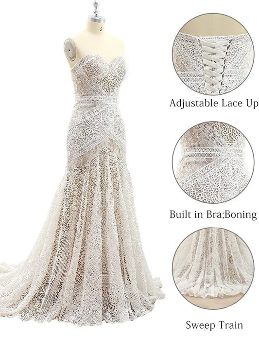 Kaidress Boho Lace Mermaid Wedding Dress, Sweetheart Neckline, Sleeveless Bridal Gown with Sweep Train, White
