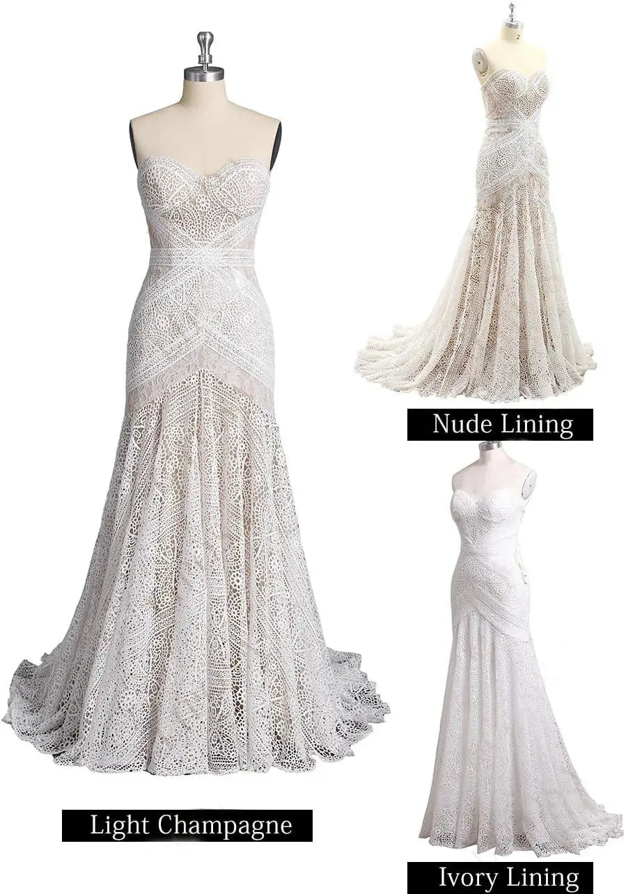 Kaidress Boho Lace Mermaid Wedding Dress, Sweetheart Neckline, Sleeveless Bridal Gown with Sweep Train, White