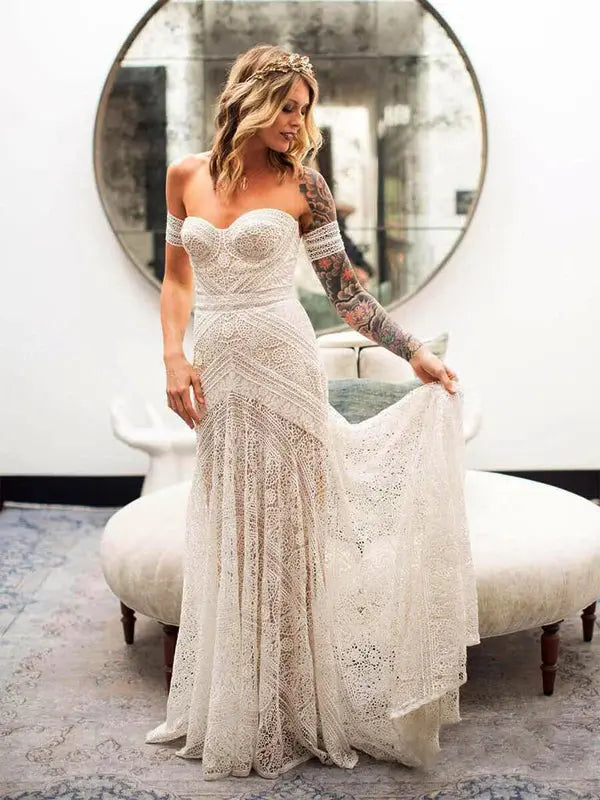 Kaidress Boho Lace Mermaid Wedding Dress, Sweetheart Neckline, Sleeveless Bridal Gown with Sweep Train, White
