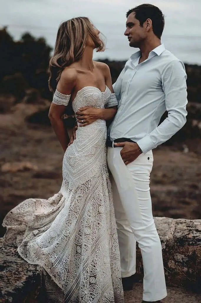 Kaidress Boho Lace Mermaid Wedding Dress, Sweetheart Neckline, Sleeveless Bridal Gown with Sweep Train, White