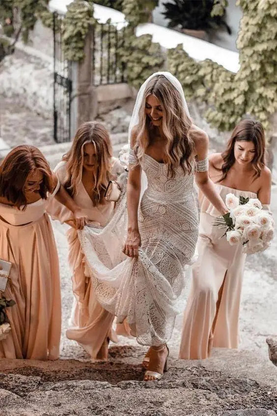 Kaidress Boho Lace Mermaid Wedding Dress, Sweetheart Neckline, Sleeveless Bridal Gown with Sweep Train, White