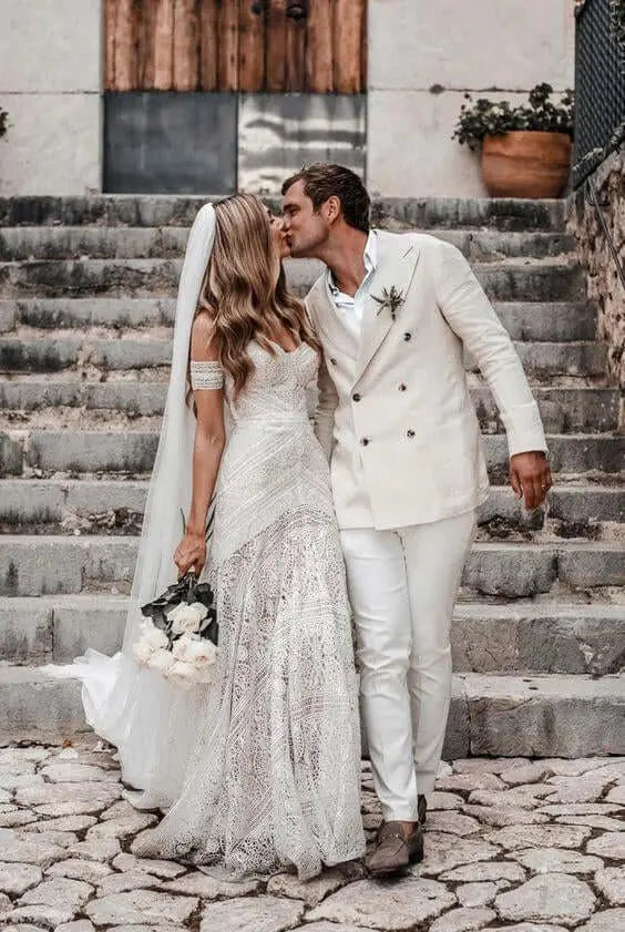 Kaidress Boho Lace Mermaid Wedding Dress, Sweetheart Neckline, Sleeveless Bridal Gown with Sweep Train, White