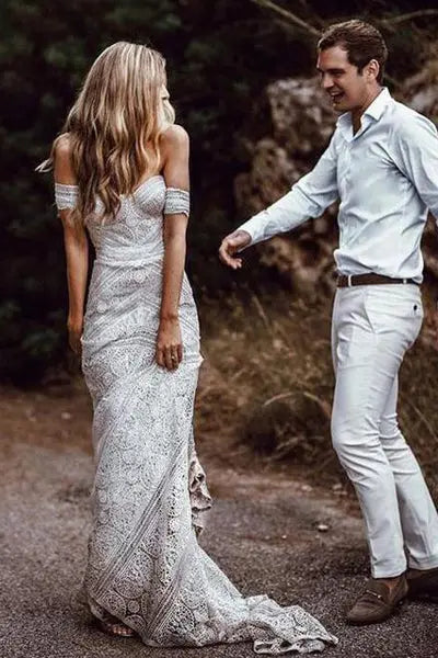 Kaidress Boho Lace Mermaid Wedding Dress, Sweetheart Neckline, Sleeveless Bridal Gown with Sweep Train, White