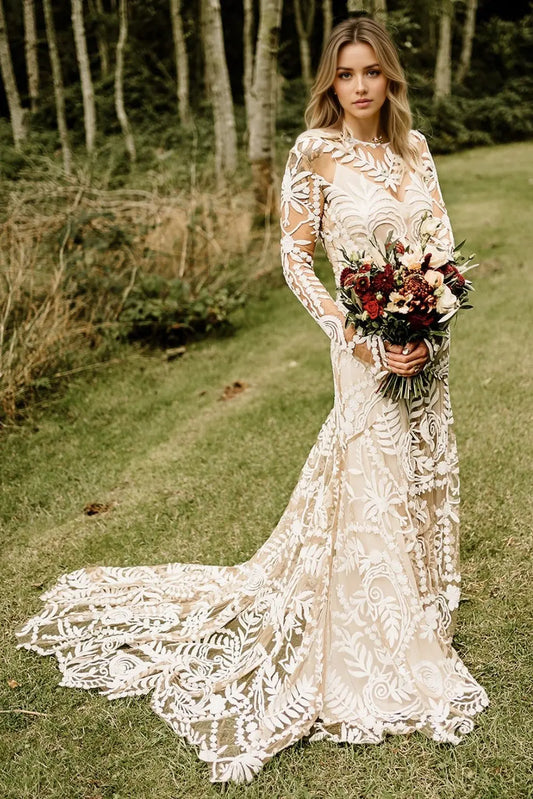 Kaidress Boho Long Sleeve Wedding Dress, White Lace Mermaid Silhouette, Elegant Bridal Gown