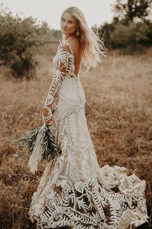 Kaidress Boho Long Sleeve Wedding Dress, White Lace Mermaid Silhouette, Elegant Bridal Gown