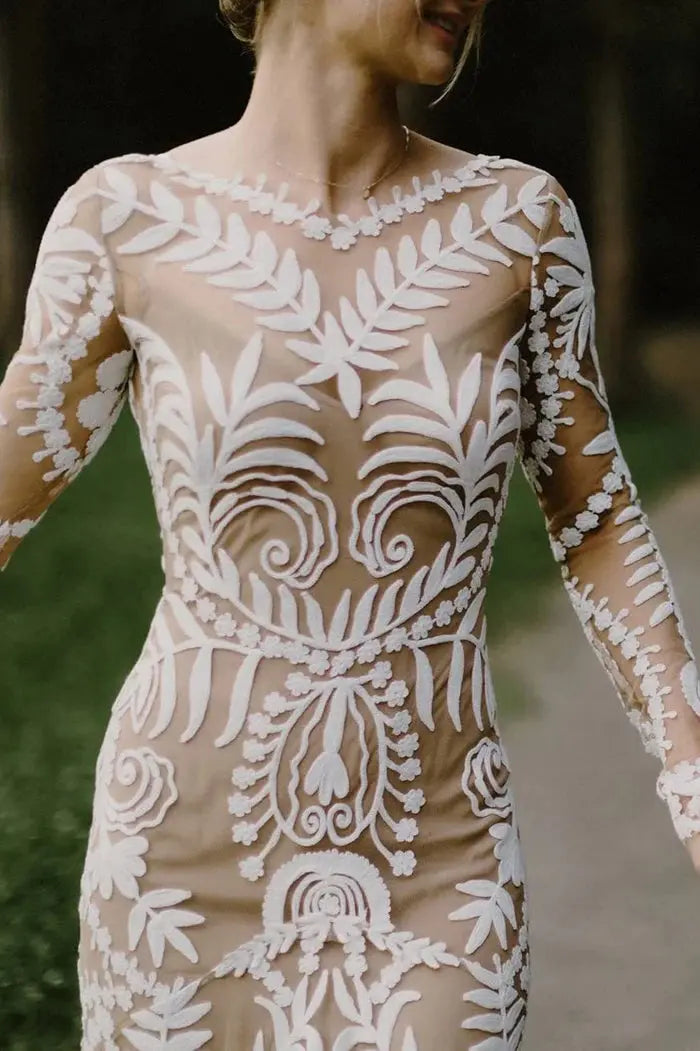 Kaidress Boho Long Sleeve Wedding Dress, White Lace Mermaid Silhouette, Elegant Bridal Gown