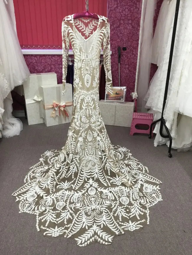 Kaidress Boho Long Sleeve Wedding Dress, White Lace Mermaid Silhouette, Elegant Bridal Gown