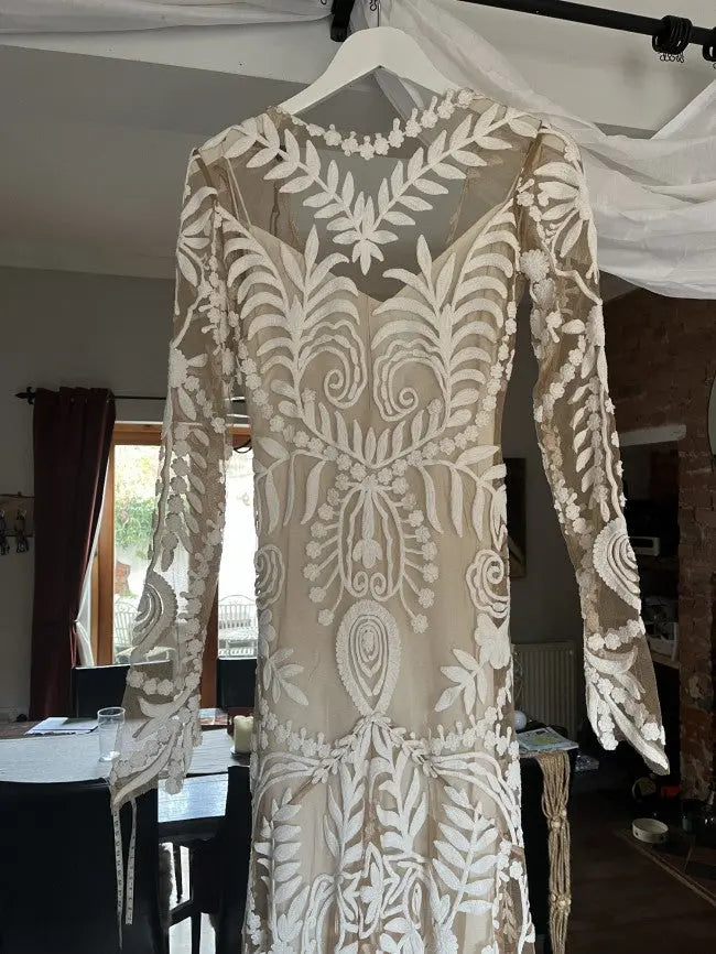 Kaidress Boho Long Sleeve Wedding Dress, White Lace Mermaid Silhouette, Elegant Bridal Gown