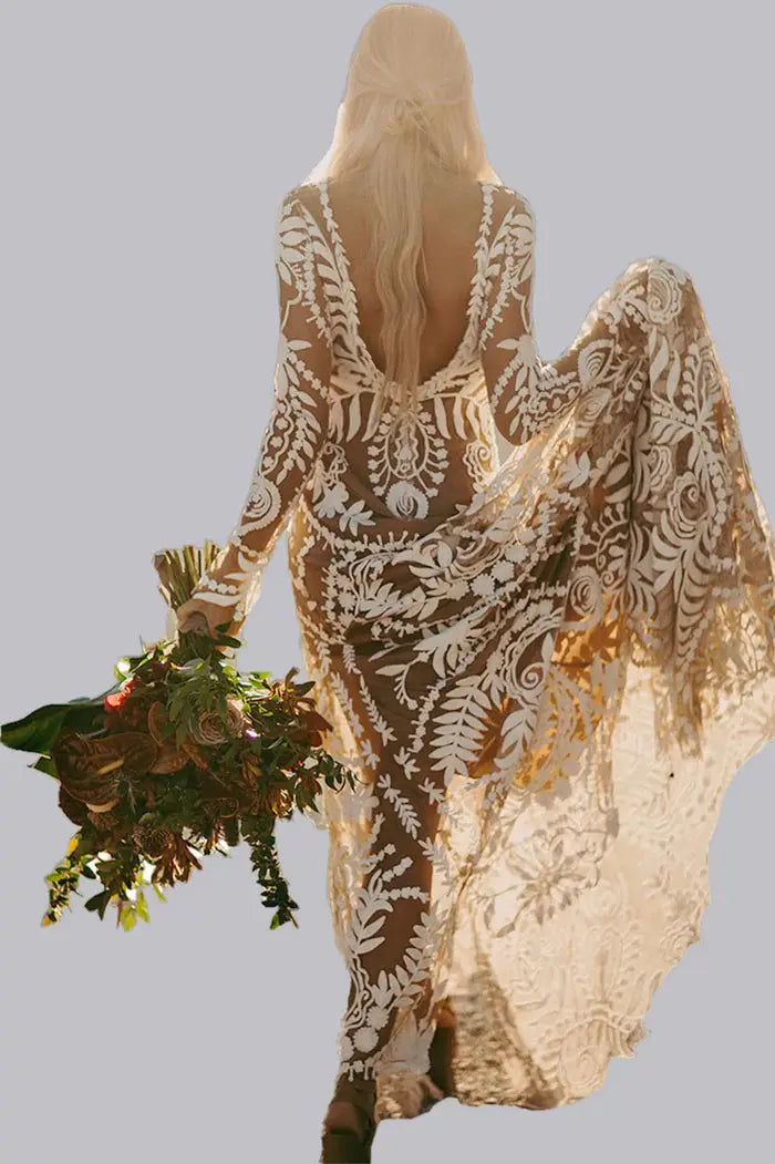 Kaidress Boho Long Sleeve Wedding Dress, White Lace Mermaid Silhouette, Elegant Bridal Gown