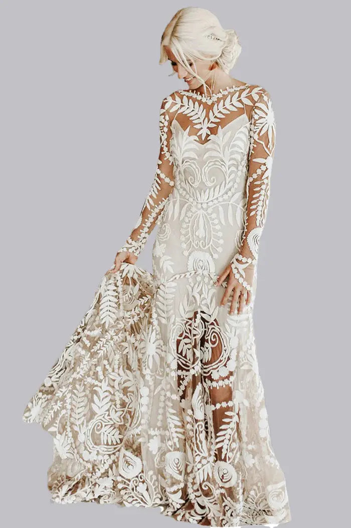 Kaidress Boho Long Sleeve Wedding Dress, White Lace Mermaid Silhouette, Elegant Bridal Gown