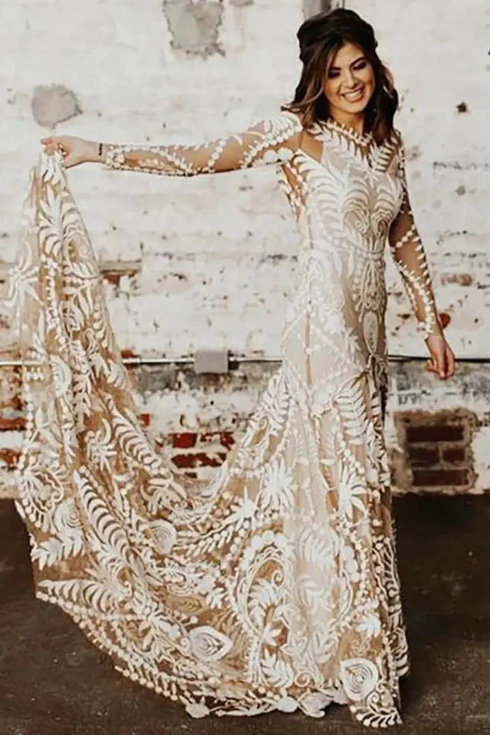 Kaidress Boho Long Sleeve Wedding Dress, White Lace Mermaid Silhouette, Elegant Bridal Gown