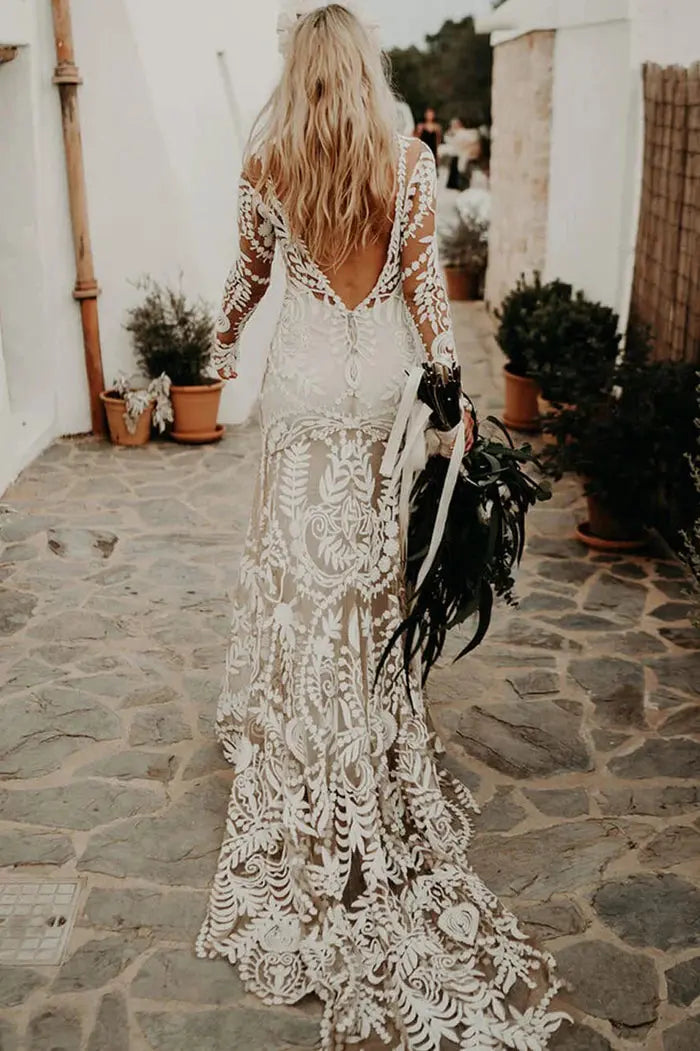 Kaidress Boho Long Sleeve Wedding Dress, White Lace Mermaid Silhouette, Elegant Bridal Gown
