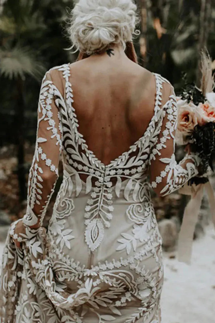 Kaidress Boho Long Sleeve Wedding Dress, White Lace Mermaid Silhouette, Elegant Bridal Gown