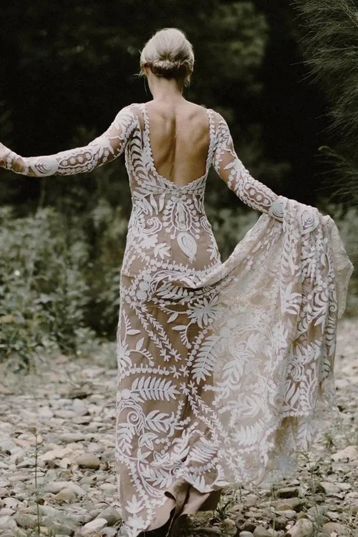 Kaidress Boho Long Sleeve Wedding Dress, White Lace Mermaid Silhouette, Elegant Bridal Gown