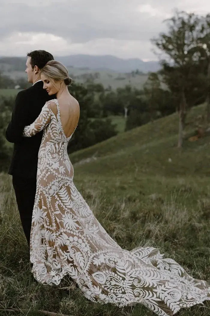 Kaidress Boho Long Sleeve Wedding Dress, White Lace Mermaid Silhouette, Elegant Bridal Gown