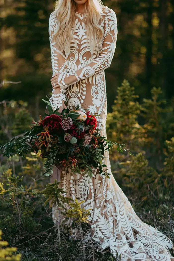 Kaidress Boho Long Sleeve Wedding Dress, White Lace Mermaid Silhouette, Elegant Bridal Gown