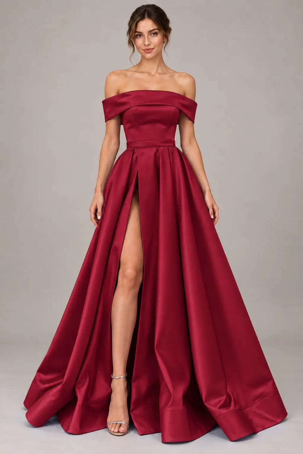 A-line Off-the-Shoulder Sleeveless Long/Floor-Length Satin Prom Dresses With Split