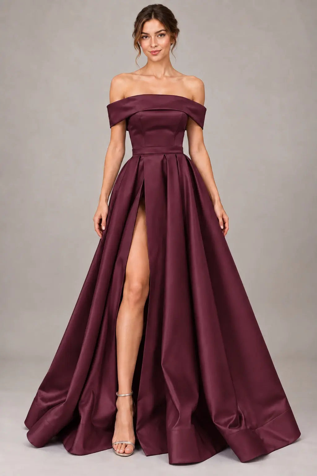 A-line Off-the-Shoulder Sleeveless Long/Floor-Length Satin Prom Dresses With Split